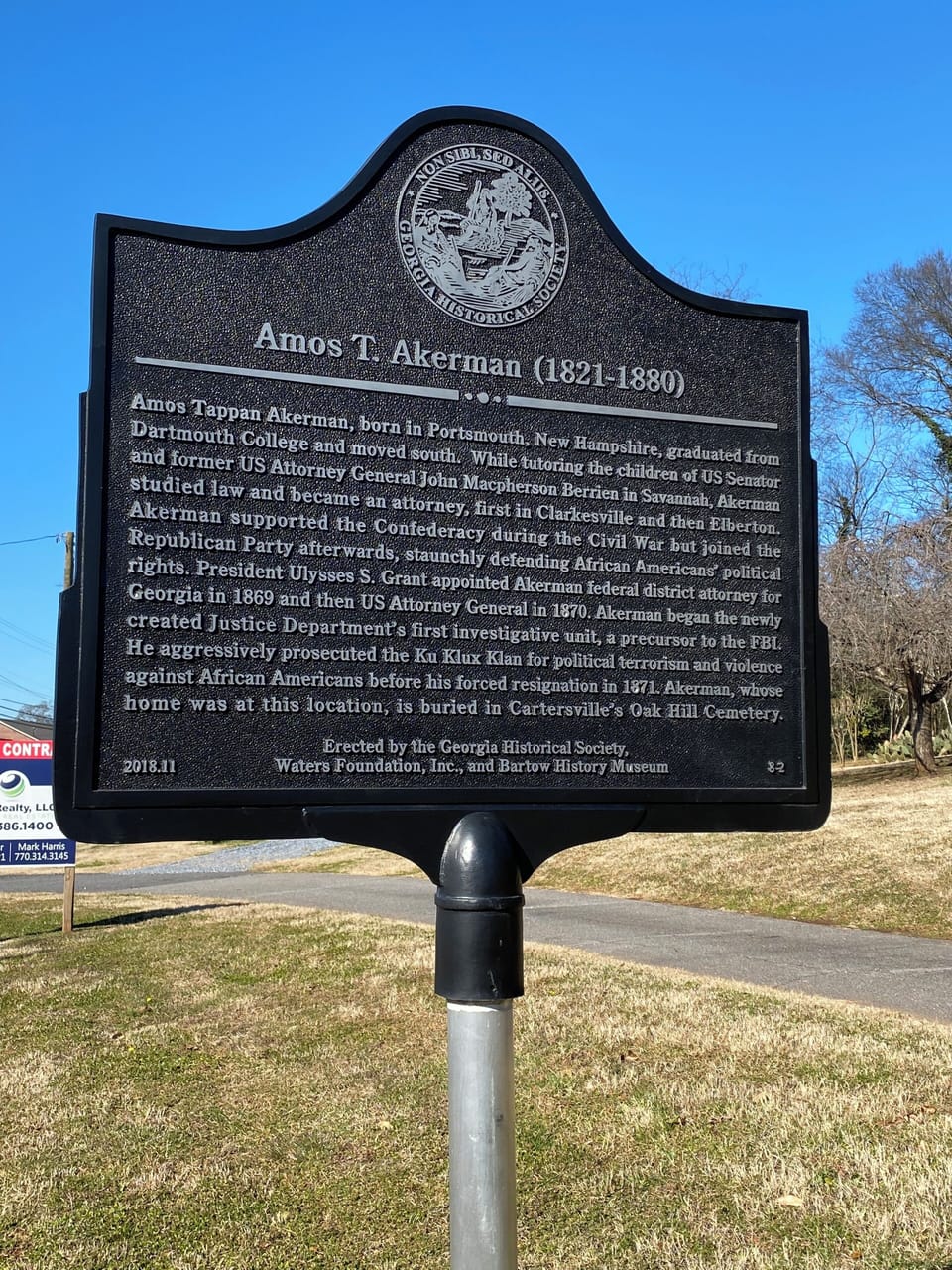 Historical marker in front of Brookehill highlighting Amos Akerman's legacy.