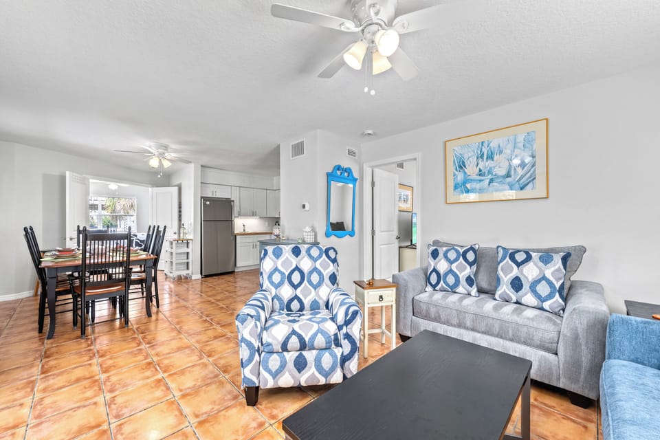 View from living area to dining and kitchen area.