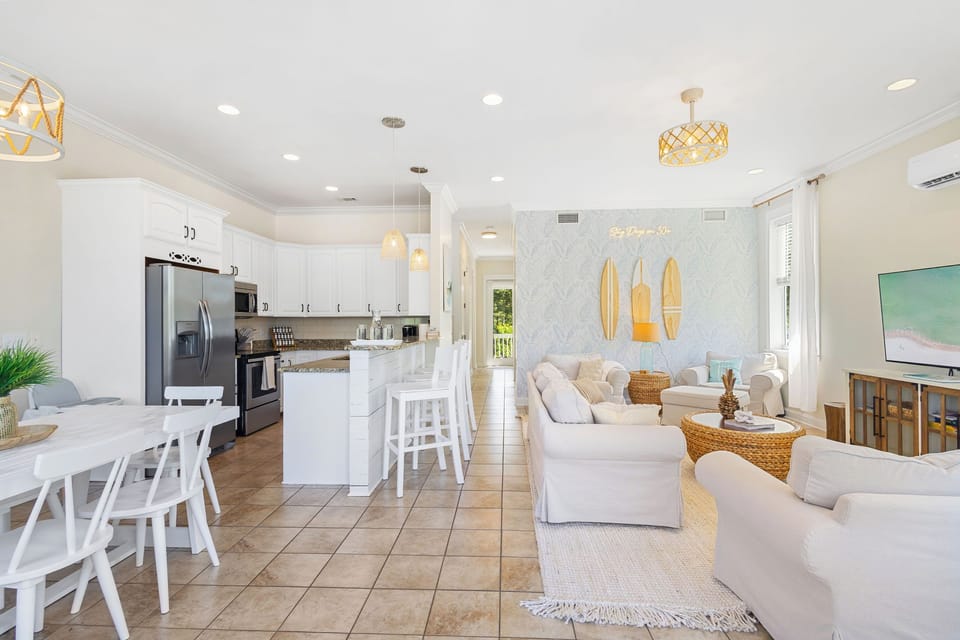 Fully stocked kitchen and spacious dining for family meals.