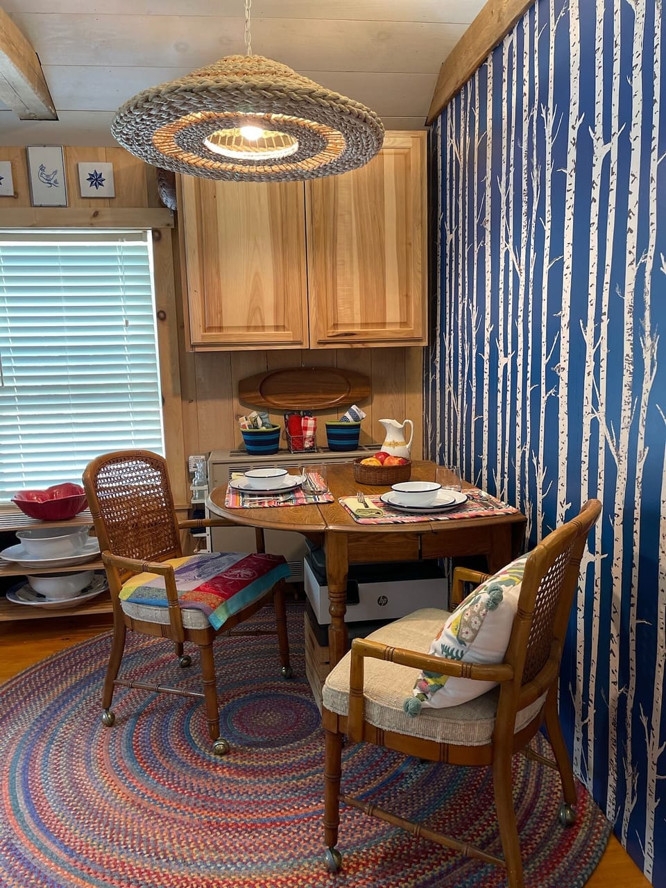 Set of 4 chairs available, living room bench placed along wall adds extra seats 