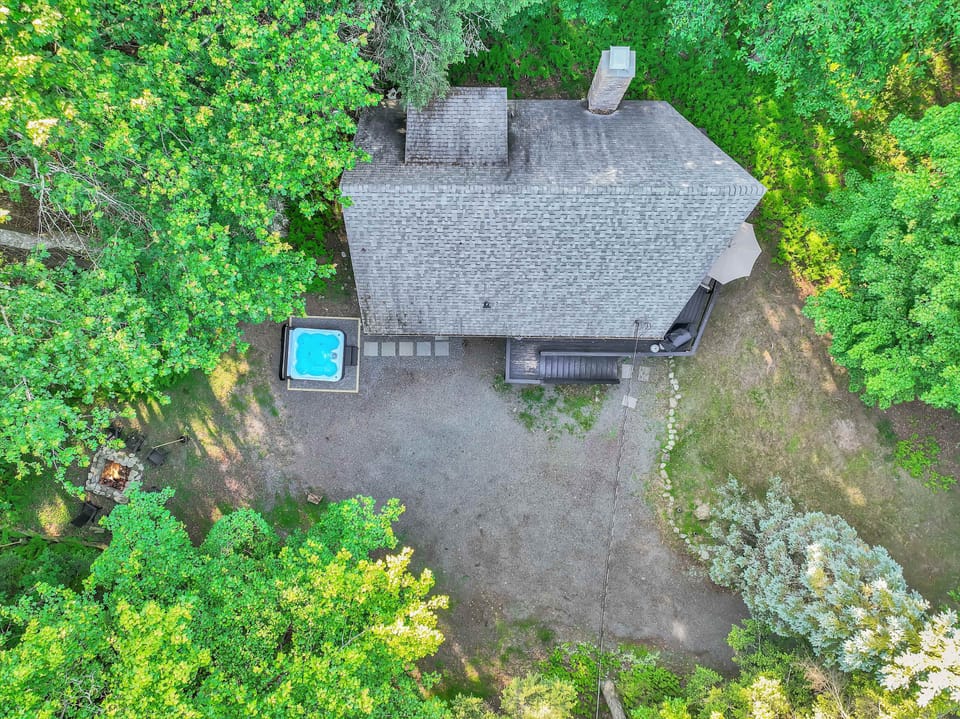 Aerial View of Private A-Frame Cabin on Wooded Lot