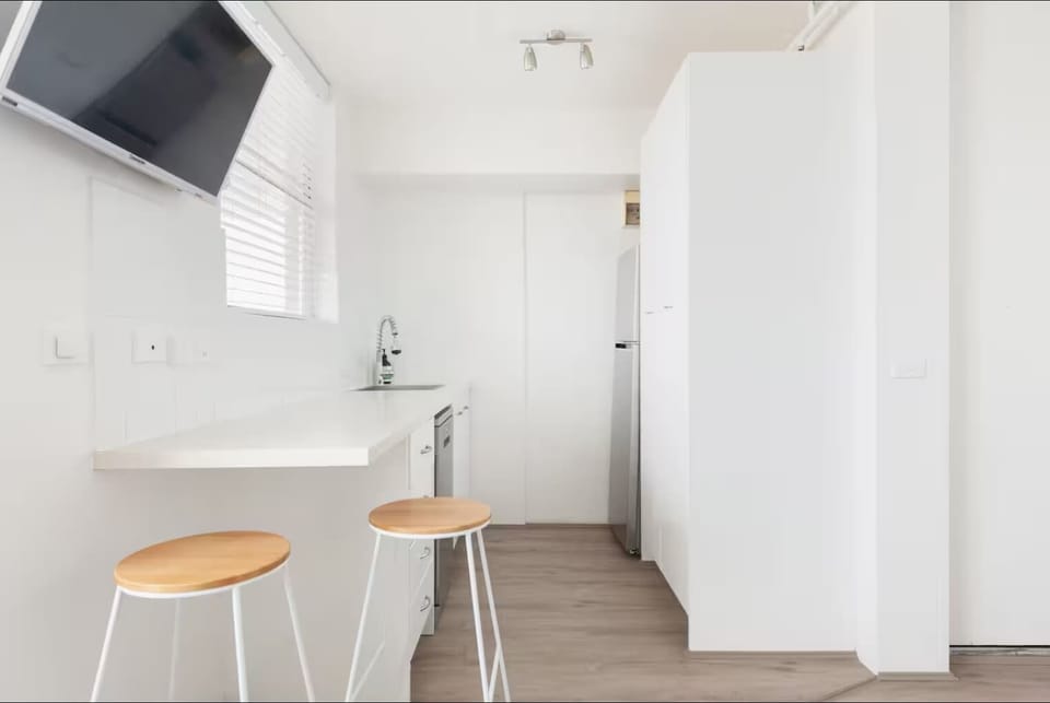 Kitchenette has large refrigerator and dishwasher