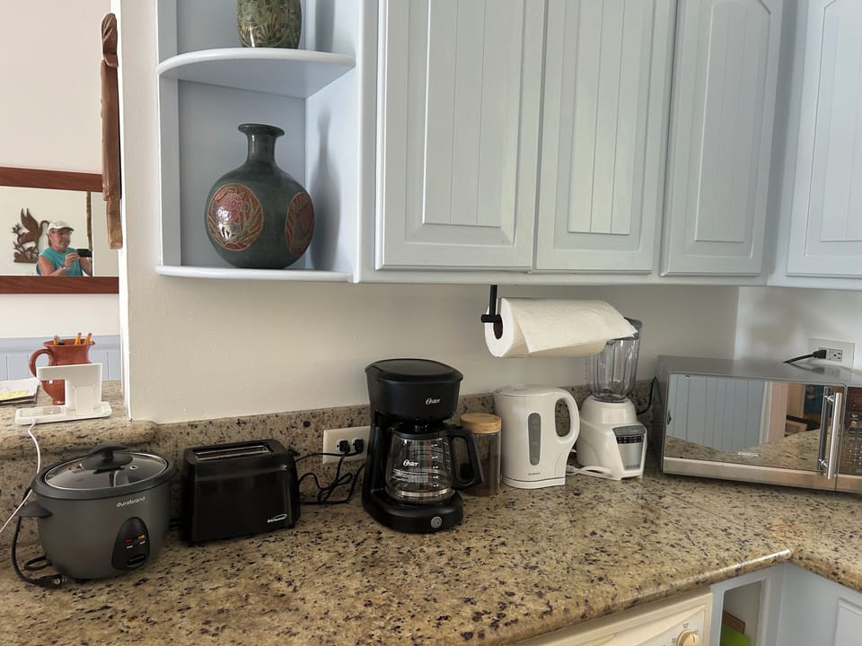 Comes complete with microwave, coffee maker, toaster, rice maker, water boiler