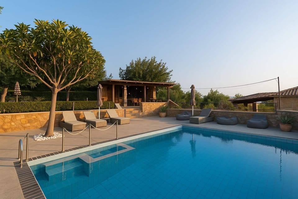 Shared Pool Area – Surrounded by Mediterranean Trees and Loungers
