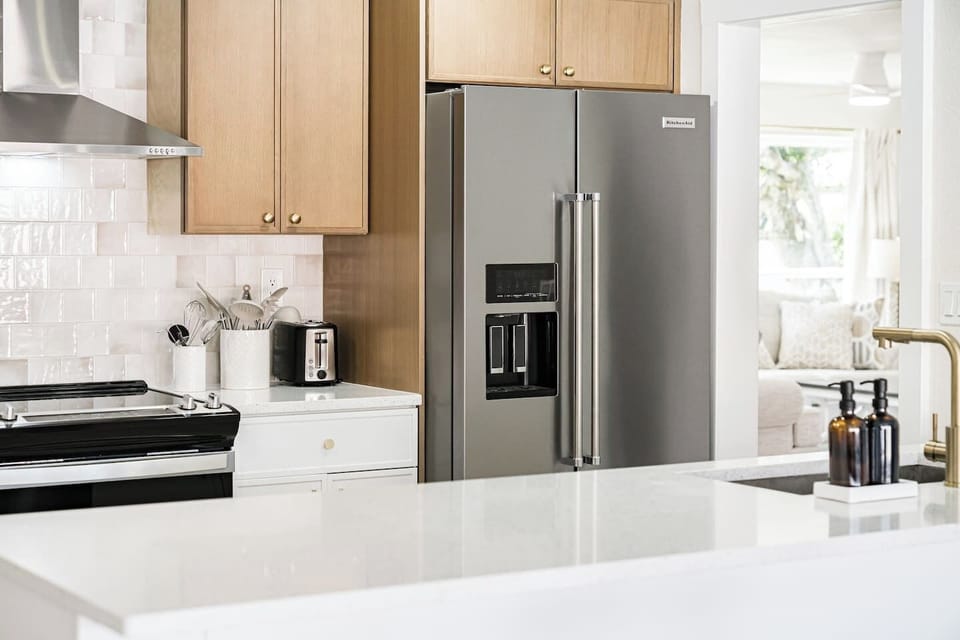 Refrigerator with ice and water dispenser.