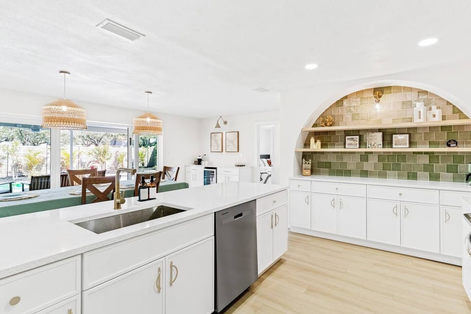 Open layout kitchen and living room.