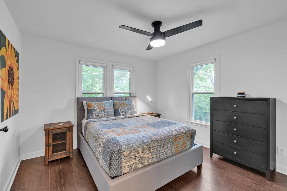 Indoors, Furniture, Appliance, Ceiling Fan, Bed