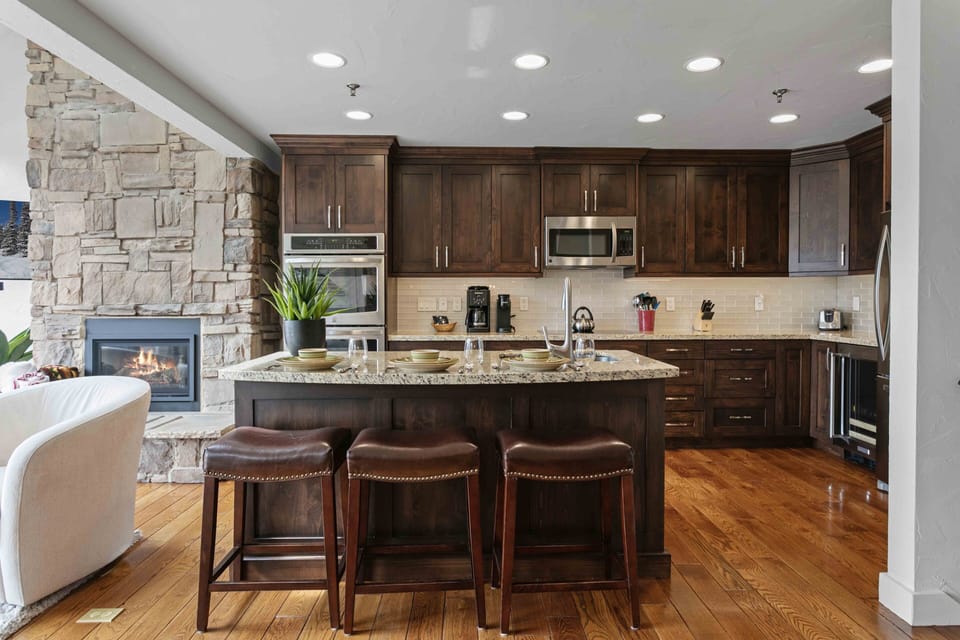 Indoors, Kitchen, Fireplace, Hardwood, Kitchen Island