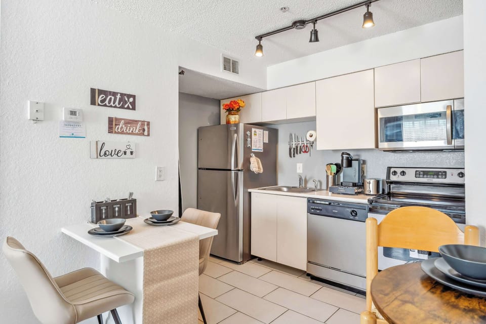 The kitchen offers storage space & all the comforts of home