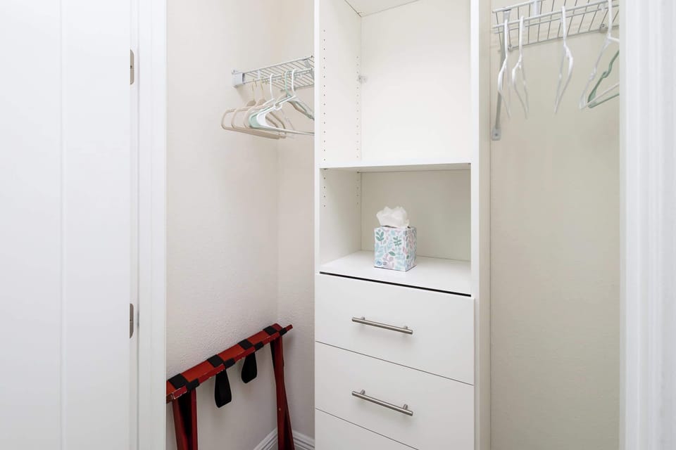 Recharge in this first floor king suite, with a private ensuite, patio access & smart TV