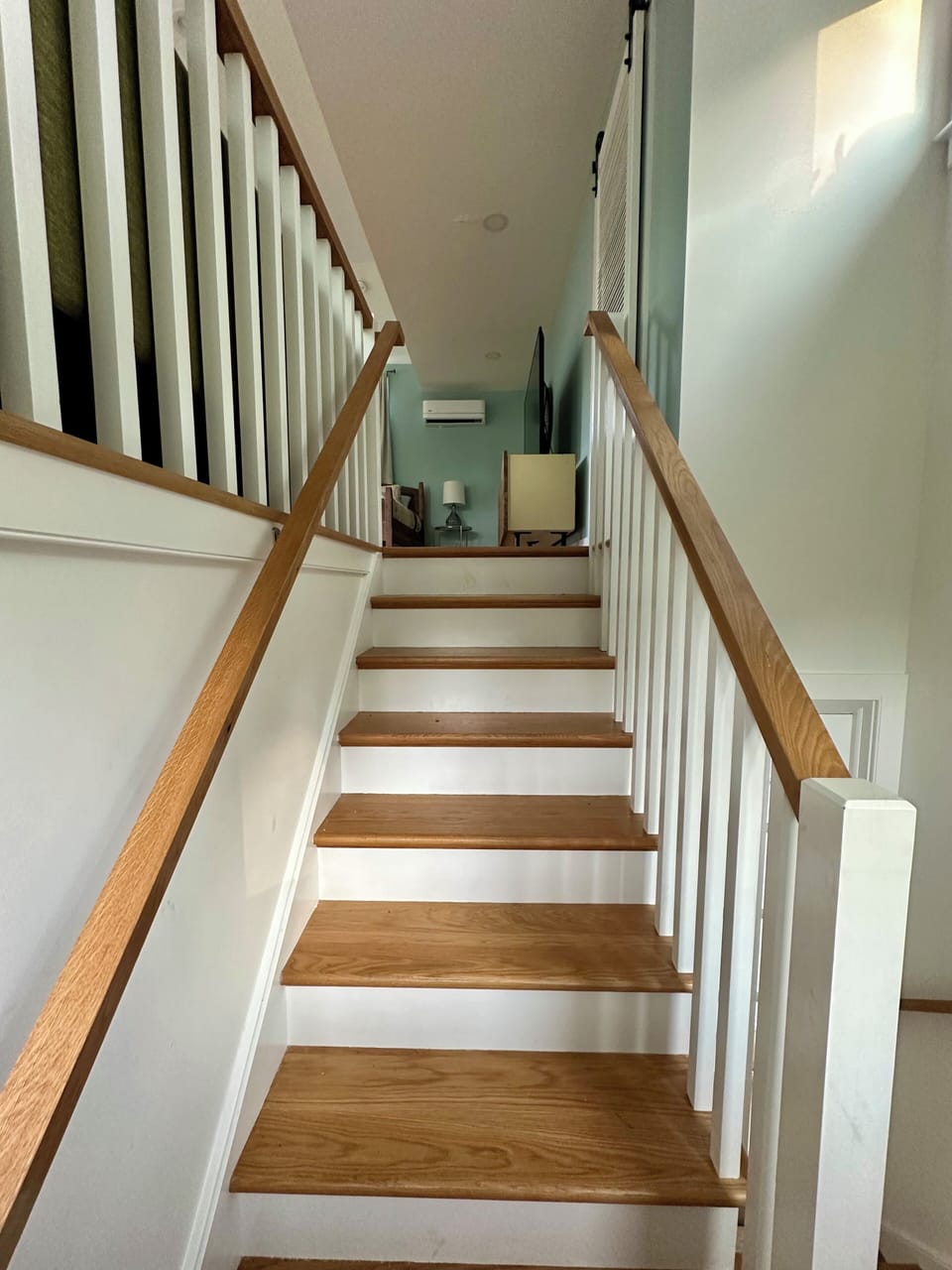 Staircase into studio apartment.