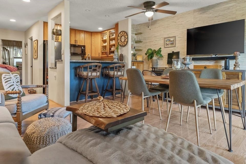Sofa pulls out for lounging and movie nights