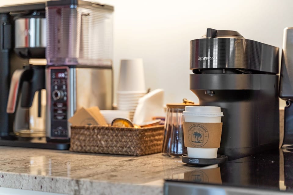 Fuel up before beach walks, park trips, or pool days. Coffee, filters, Espresso pods, and to go cups included.