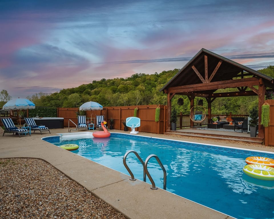 Experience sunny afternoons by the heated pool with views of the surrounding woods