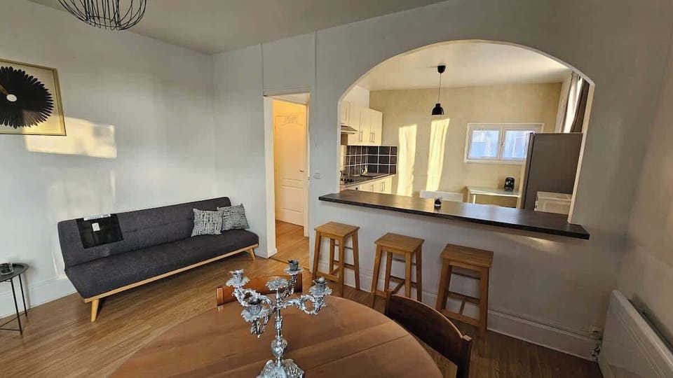 Salon semi ouvert sur la cuisine, avec canapé convertible pour une personne, télévision et espace repas.