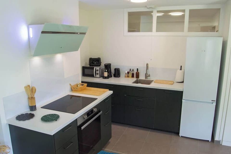 Vue de la cuisine équipée : réfrigérateur, congélateur, évier, hotte, table de cuisson, four