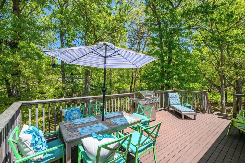 outdoor mahogany deck with seating grill and tabe to play work or dine on 
