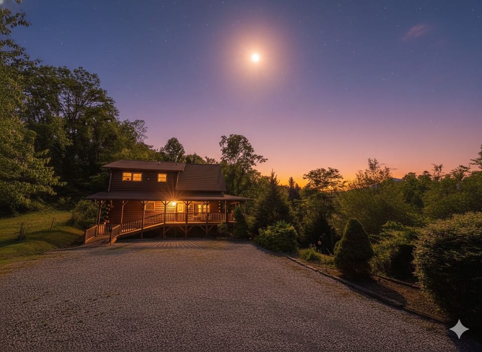 Exterior: Embrace mountain magic with stunning views and inviting evening lights!