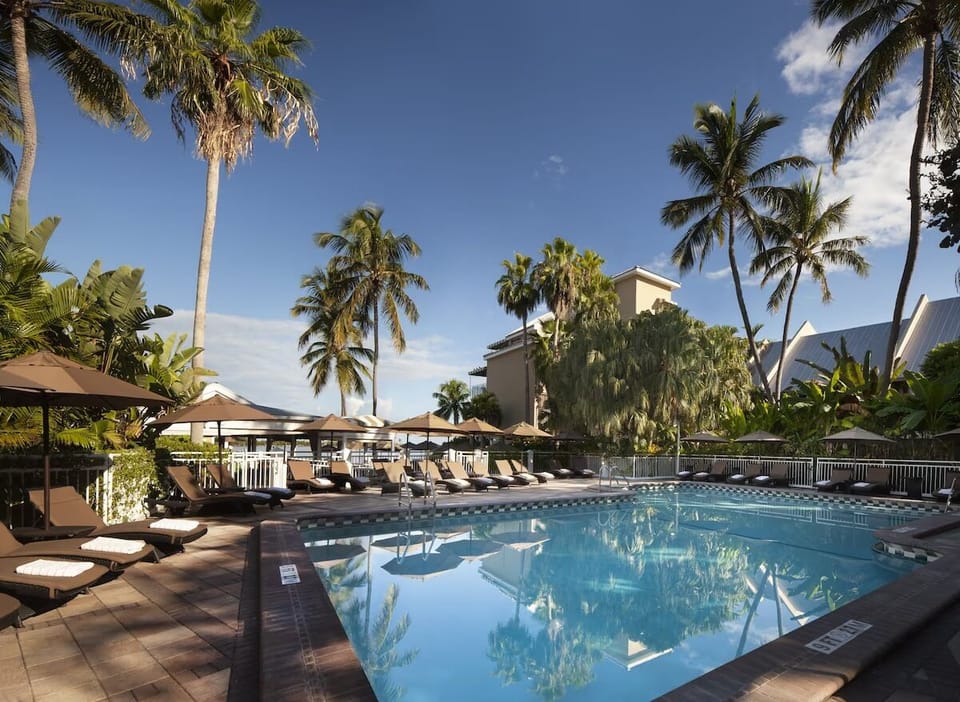 Dive into the sunlit pool surrounded by swaying palms.
