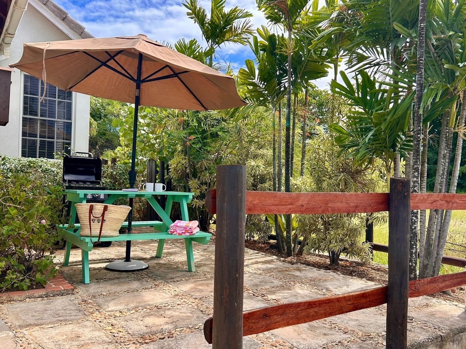 Shaded outdoor dining area with gas BBQ.