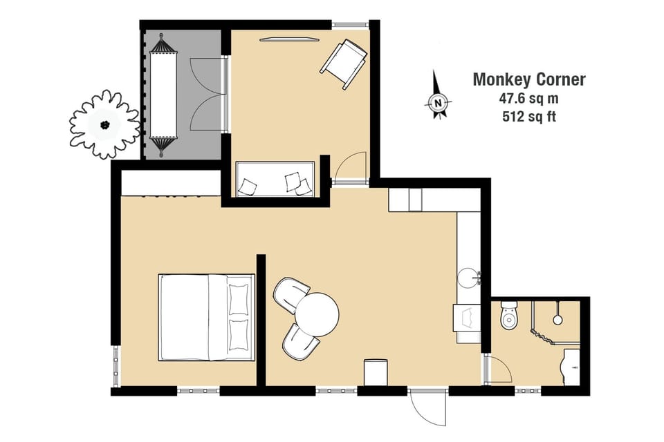 50m² layout: studio, kitchen, TV room, bath, patio.