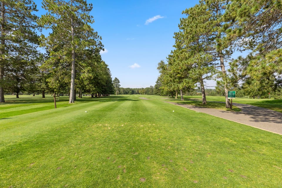 Expansive green lawn framed by tall trees, perfect for outdoor fun.