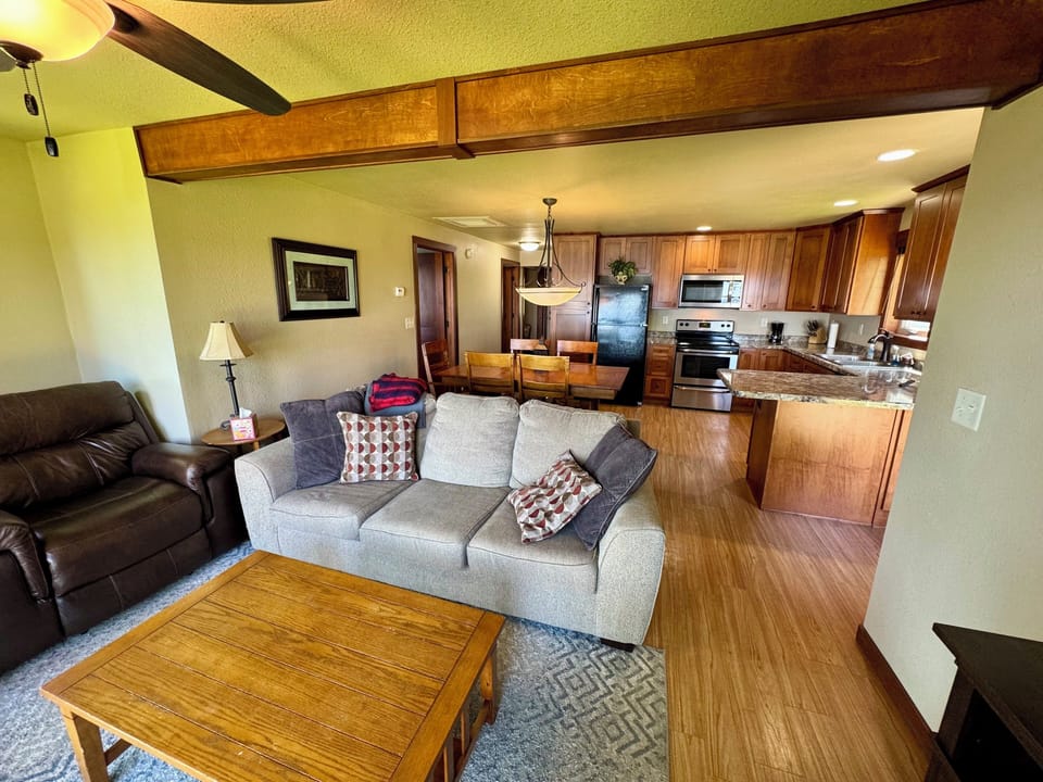 Family room into kitchen and dining room