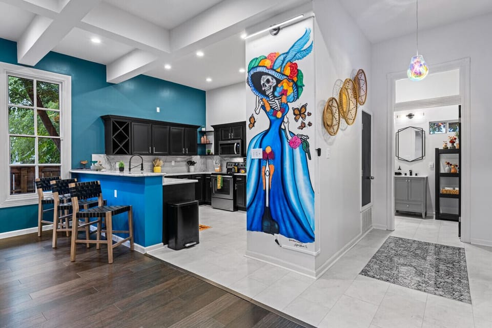 Bold kitchen with a splash of local art.