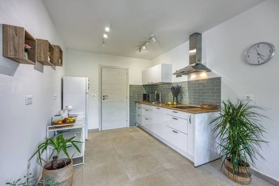 Kitchen equipped with a stove, fridge, microwave, dishwasher and a hood.
