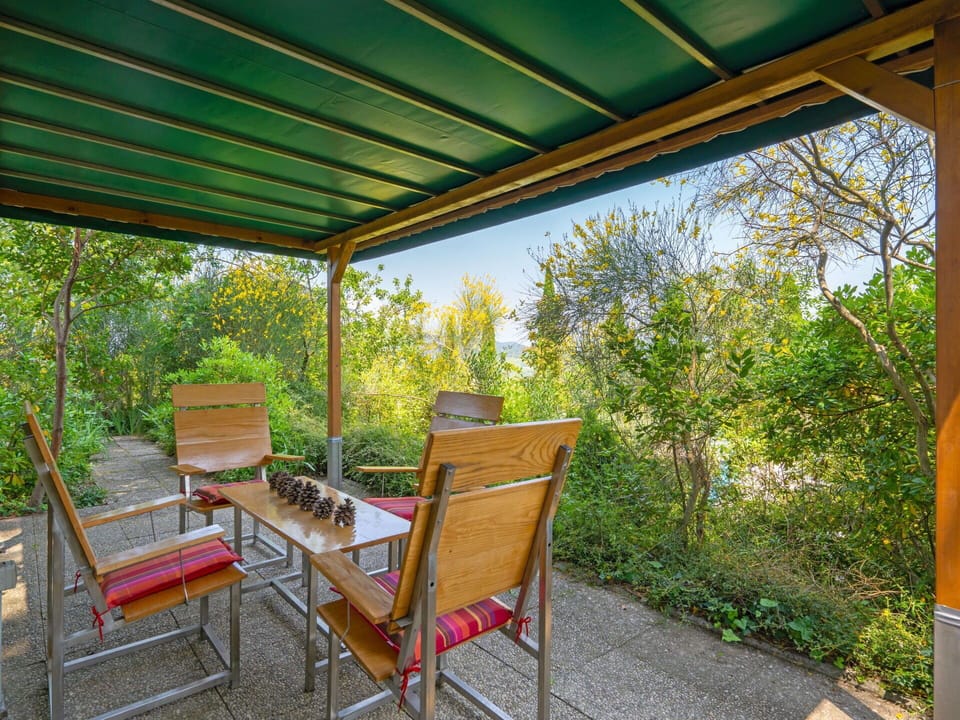 Furniture, Outdoor Furniture, Chair, Shade, Outdoor Table, Garden, Outdoor Structure, Eco Hotel, Wood Stain, Backyard