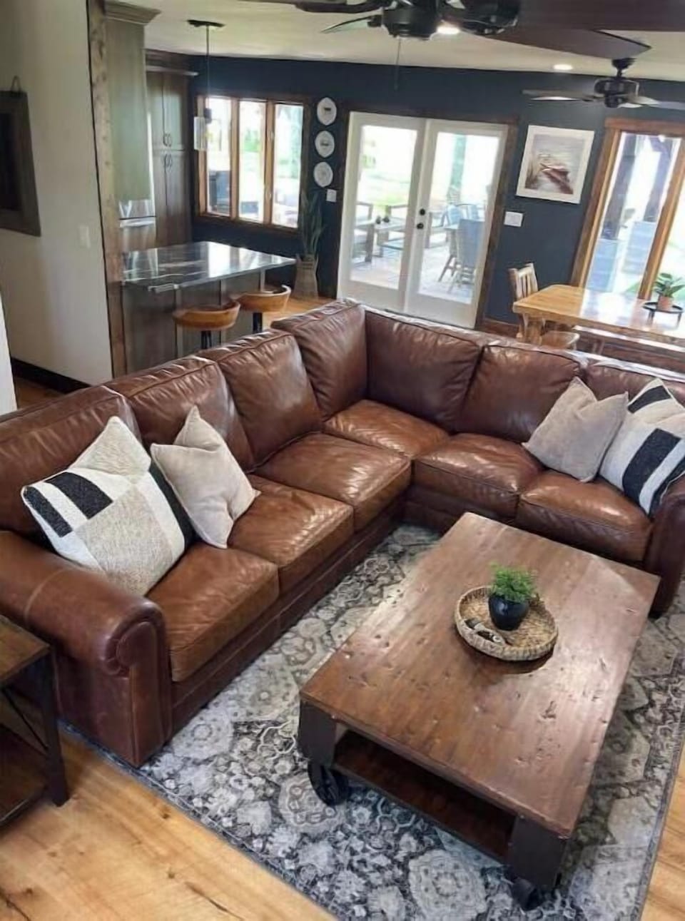 Living Room with a comfortable leather sectional.
