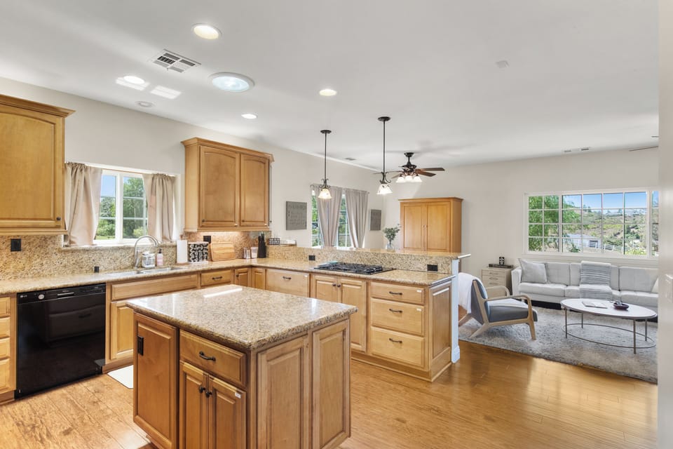 Large open kitchen to living area.
