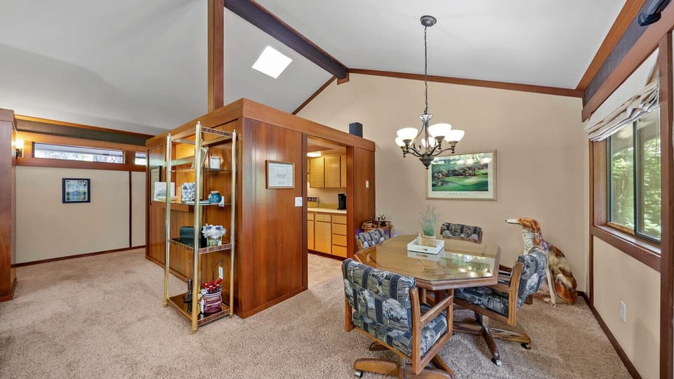 Kitchen opens to dining area