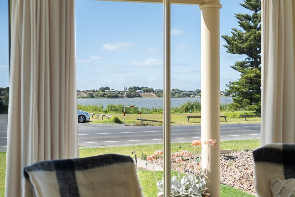 A view through a window with curtains, where outside there is a scenic landscape including a body of water, a road, some greenery, and a tall tree under a clear blue sky.