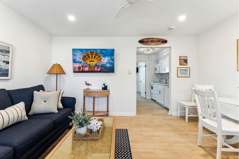 Open view of the cozy living room area.