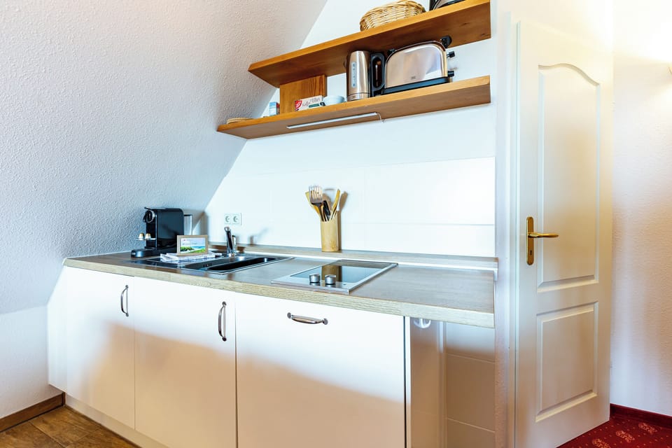 Modern Kitchen with Wooden Shelves and Appliances
