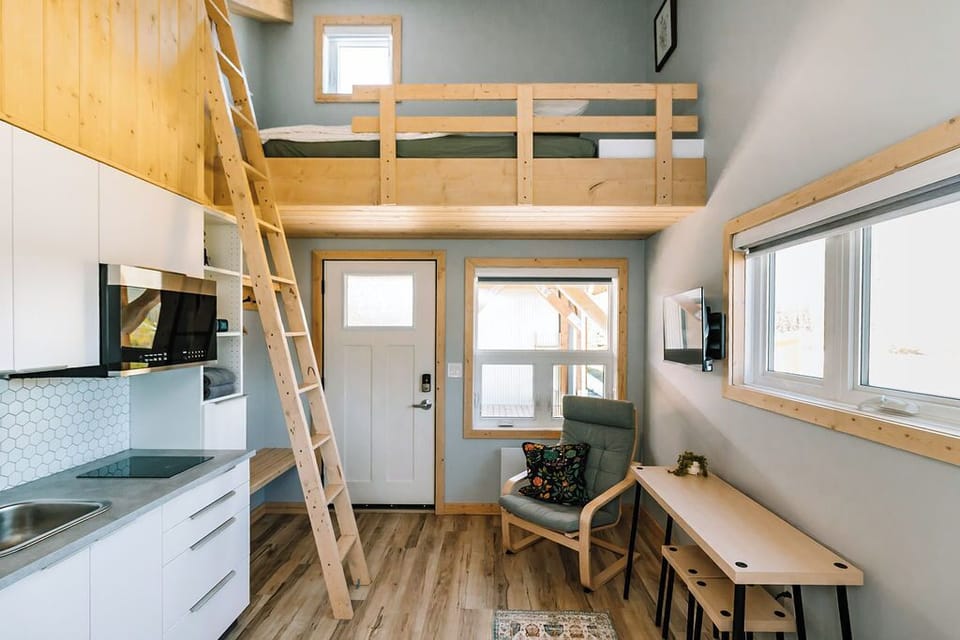 Main floor, ladder to access bed in loft area