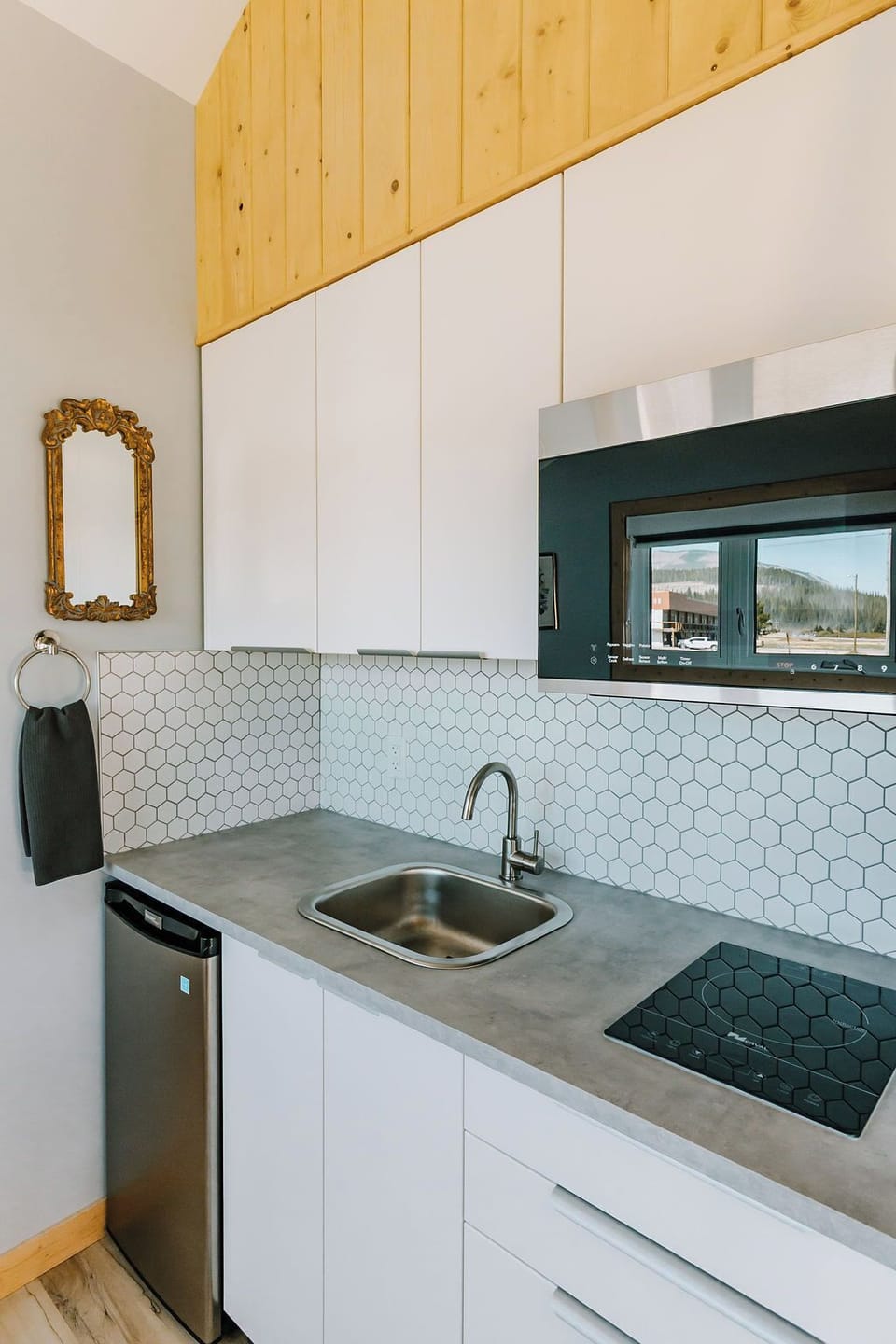 Kitchen - microwave, induction stove top, sink and mini fridge