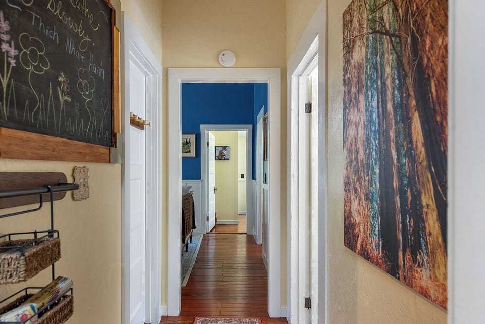 There's a slight decline from the kitchen part of the house to the bedrooms and living room.