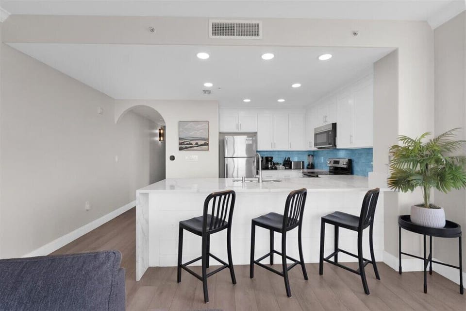 Kitchen with seating. 