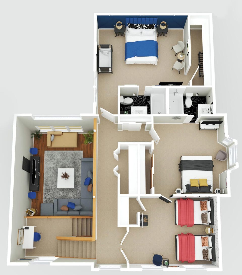 3D Floor Plan Showing 2nd Level with 3 bedrooms, 2 bathrooms and open to the living space below