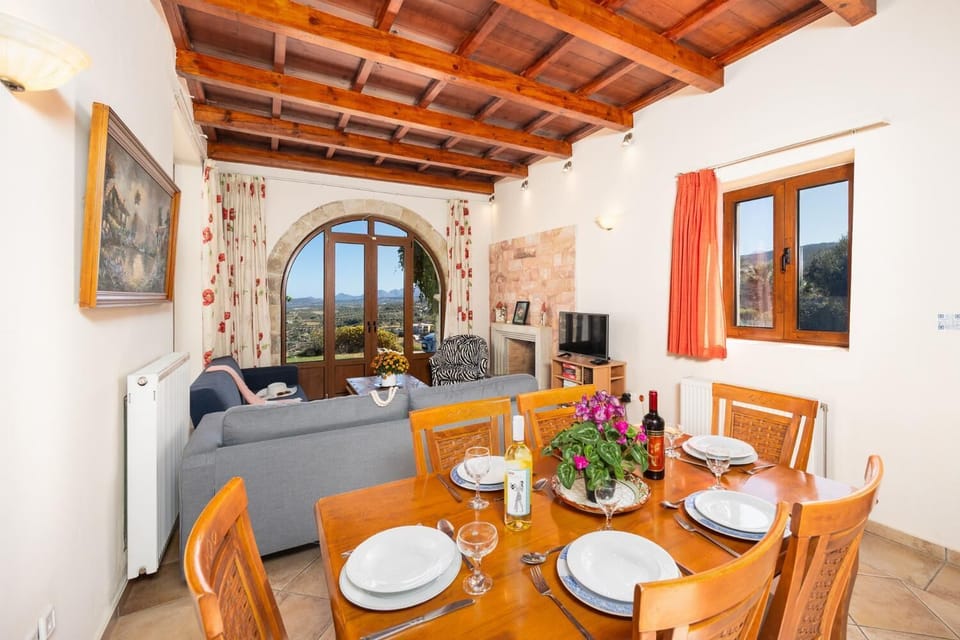 Open-plan living room with sofas, dining area, kitchen, ornamental fireplace, A/C, WiFi internet, and satellite TV