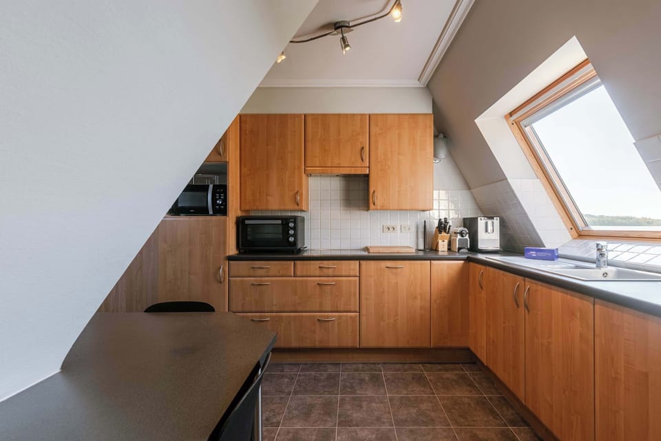 Compact kitchen with skylight — natural light for cooking.
