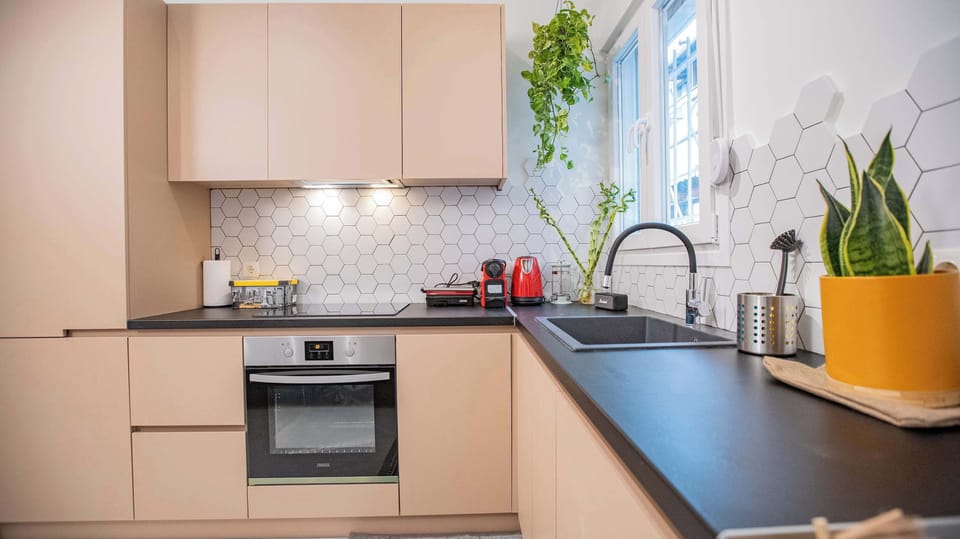 Modern kitchen with sleek cabinetry, bright accents, and plants, creating a fresh, inviting space for easy cooking