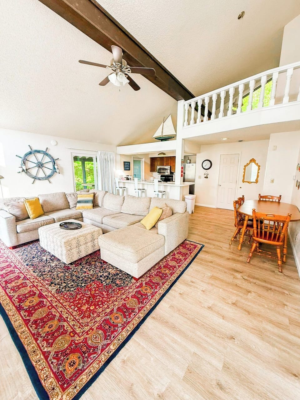 Margarita Manor's inviting living space: Featuring a vaulted ceiling, loft, and room for the whole group to gather.