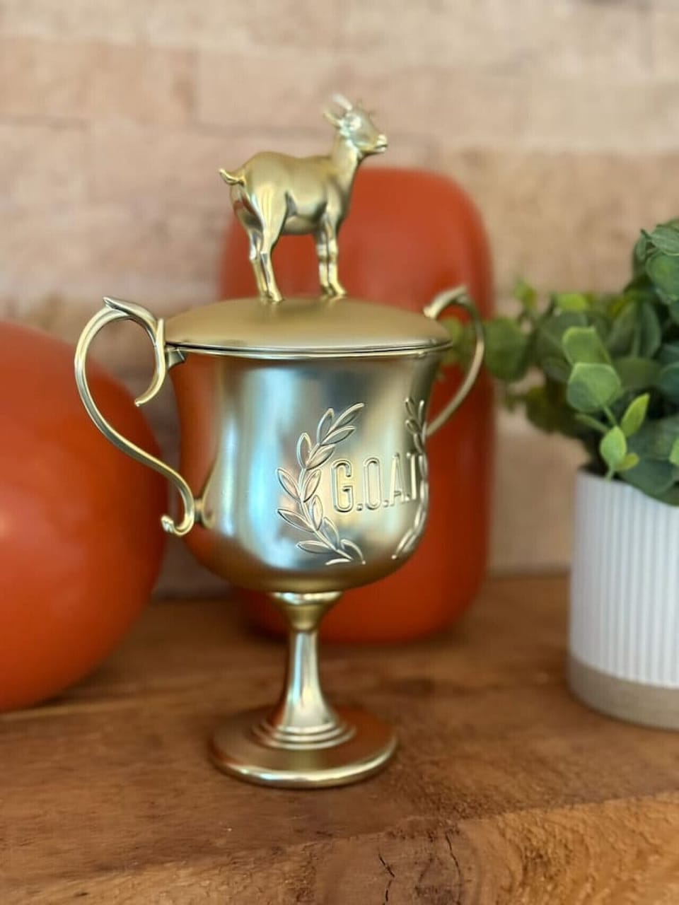 This charming decorative piece, featuring a `G.O.A.T.` engraving and a playful goat finial, adds a touch of whimsical elegance. Its metallic finish complements the rustic background, hinting at a home with character and thoughtful styling.