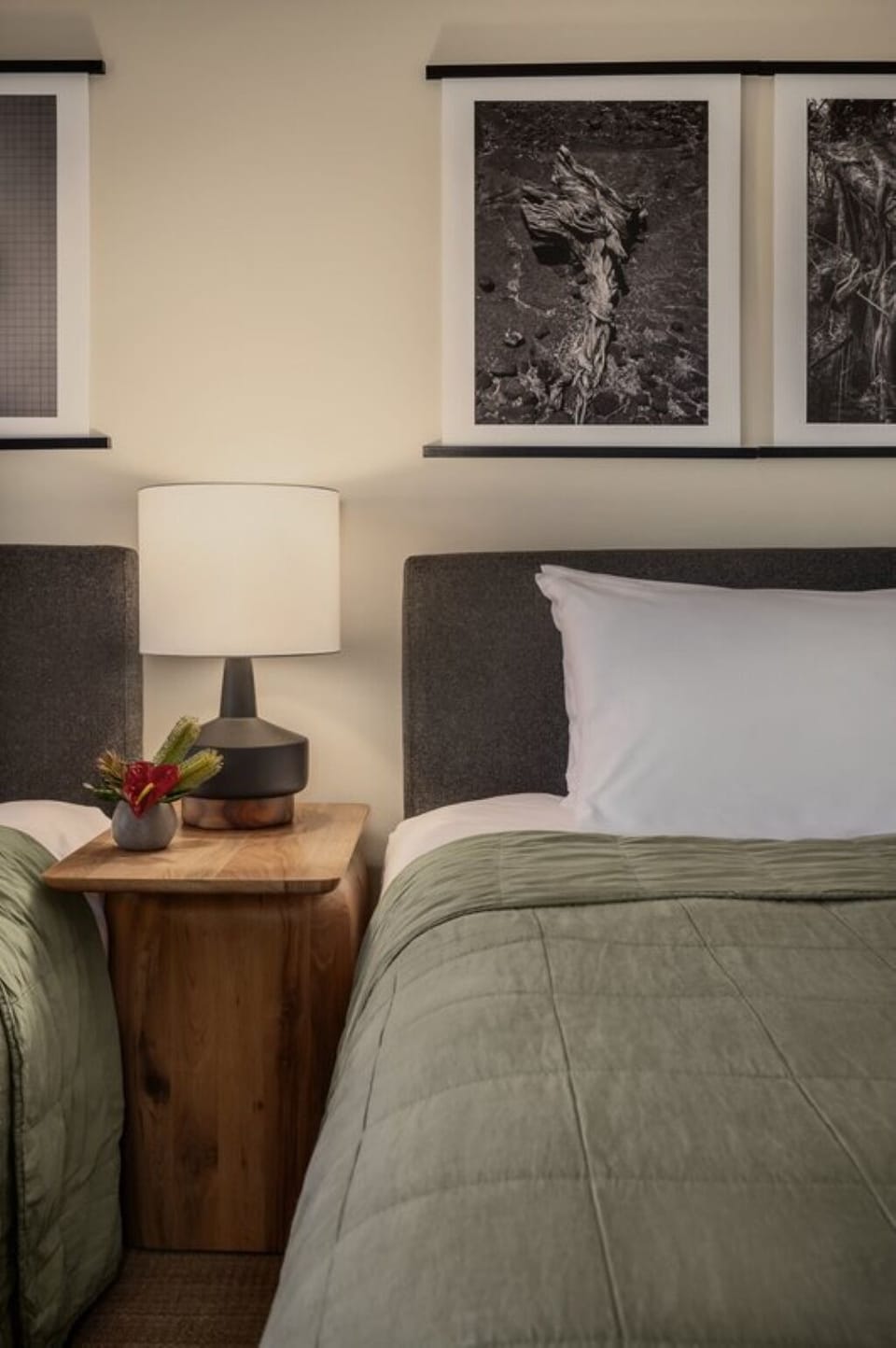 Relax beside soft curtains and a gentle bedside glow.