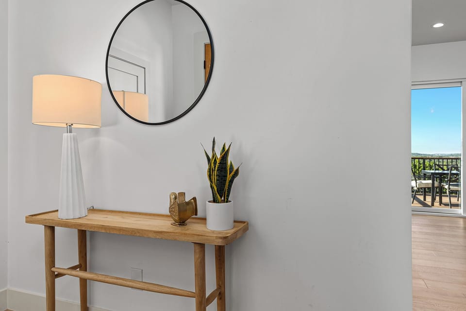 Welcome home—Casa Cielo’s grand entry sets the tone for a stylish, sun-soaked Hill Country retreat.