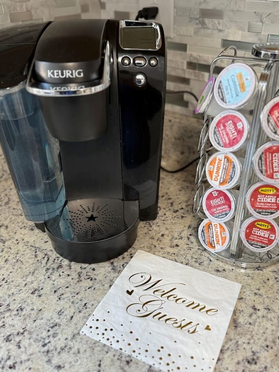 Keurig Coffee Maker and some complimentary coffee pods. 