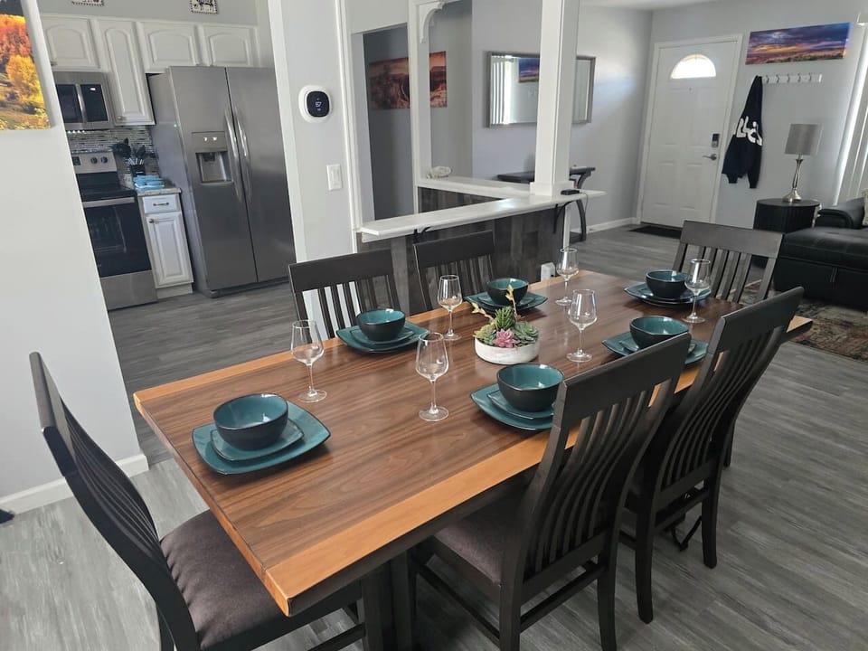 Have dinner on this wooden family dinning table